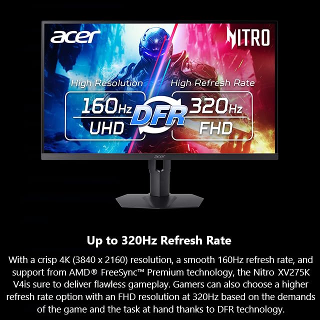 Acer Nitro 27" WQHD 2560x1440 IPS PC Gaming AMD FreeSync Premium | 300Hz | Hasta 0.5ms | 99% sRGB | DisplayHDR 400 | ErgoStand | Montaje VESA | 1 x DP 1.4 y 2 x HDMI 2.1 | XV272FU 3bmiipr X