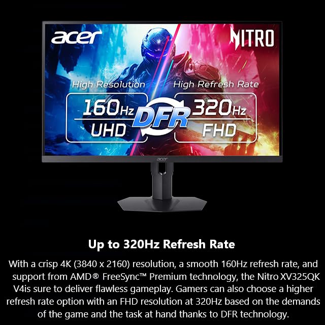 Acer Nitro 31 5  4K UHD 3840x2160 Gaming IPS MiniLED Monitor   AMD FreeSync Premium   160Hz Refresh Rate to FHD 320Hz  DFR    Up to 0 5ms   1x Display Port 1 4 & 2x HDMI 2 1 Ports   XV325QK V3bmiipprx