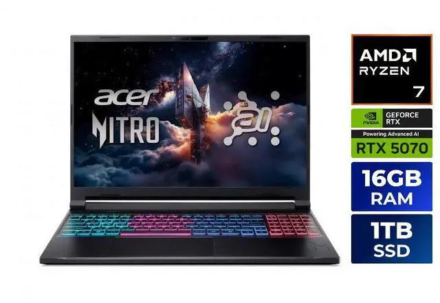 Acer Nitro V16 Gaming Laptop   AMD Ryzen 7 260   NVIDIA GeForce RTX 5070    16GB RAM   1TB SSD    Windows 11 Home  NH U10AA 001