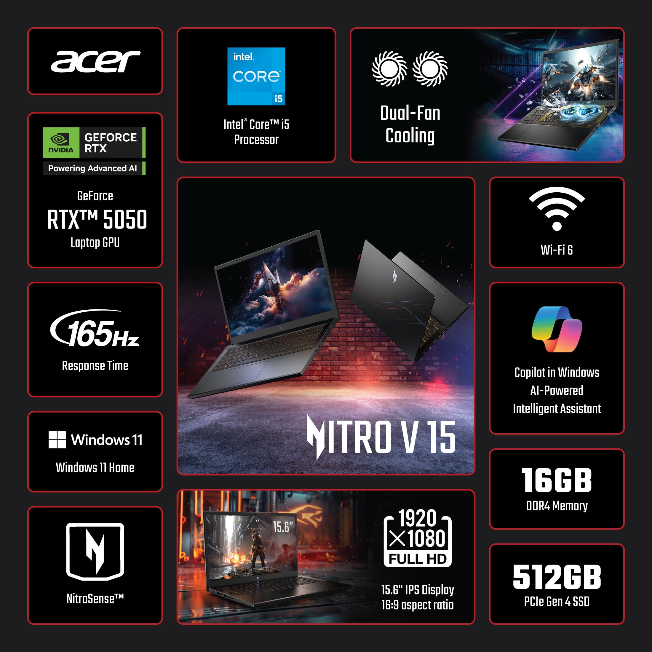 Acer Nitro V 15 Laptop para Juegos.6” FHD IPS 165Hz, Intel Core i5-13420H, NVIDIA GeForce RTX 5050 con 8GB GDDR7 VRAM, 16GB RAM, 512GB PCIe Gen 4 SSD, Negro Obsidiana