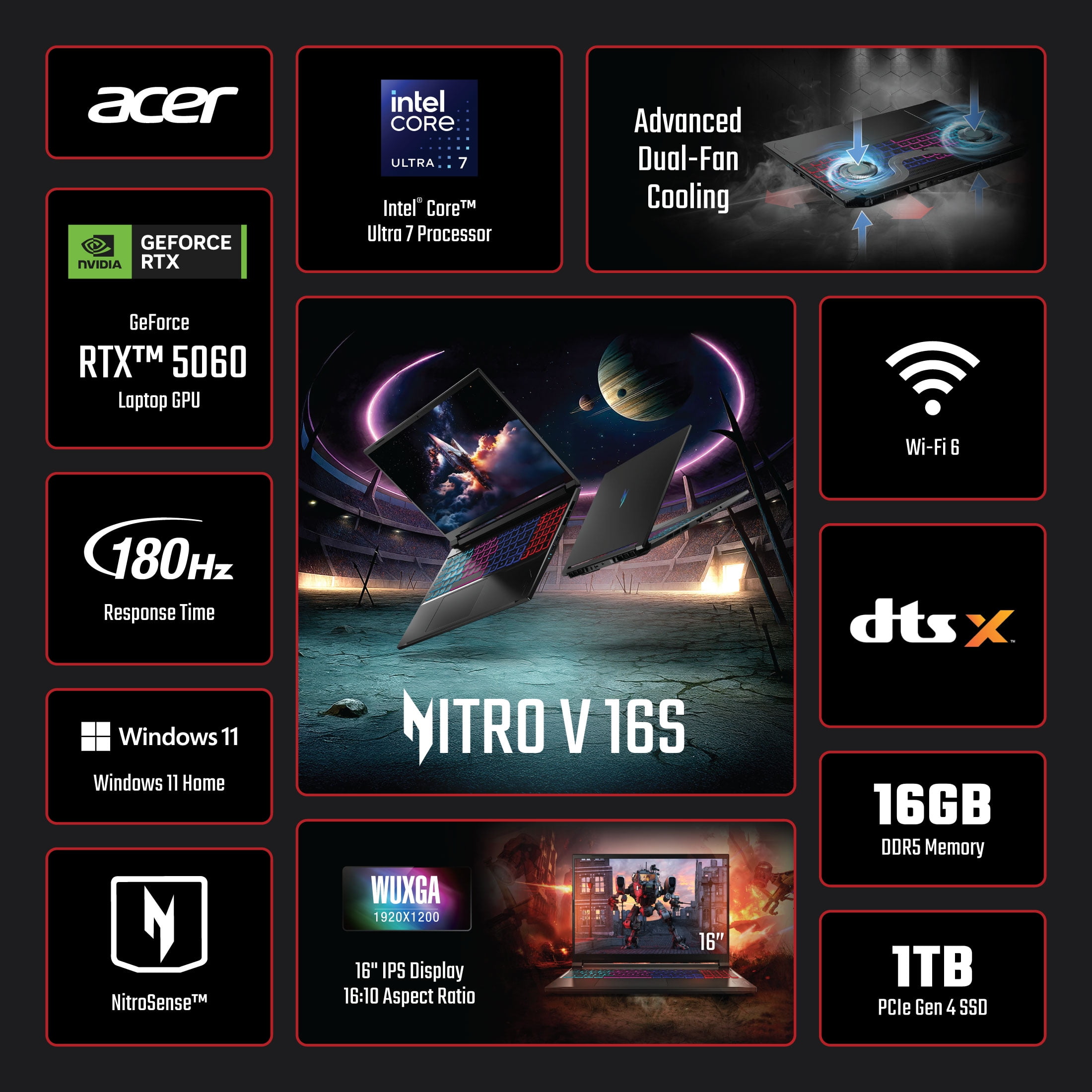 Acer Nitro V 16S 16  WUXGA IPS 180Hz Gaming Laptop  Intel Core 7 processor 240H  NVIDIA GeForce RTX 5060 with 8GB GDDR7 VRAM  16GB RAM  1TB PCIe Gen 4 SSD  Obsidian Black