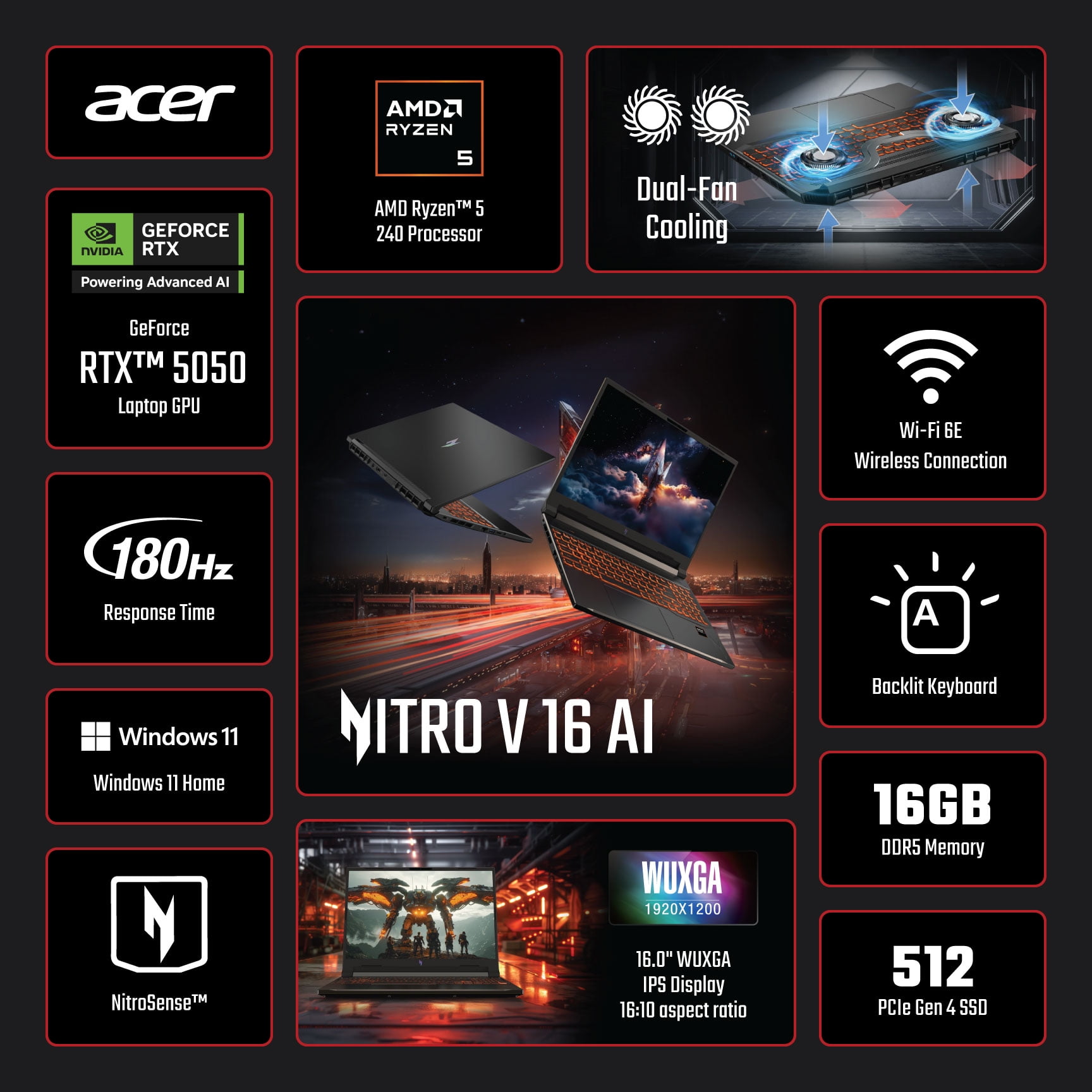 Acer Nitro V 16 AI 16  WUXGA IPS 180Hz Gaming Laptop  AMD Ryzen AI 5 240 Processor  NVIDIA GeForce RTX 5050 with 8GB GDDR7 VRAM  16GB RAM  512GB PCIe Gen 4 SSD  Obsidian Black