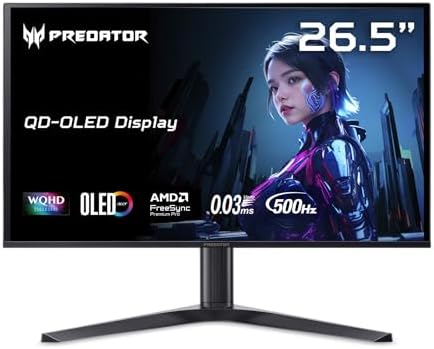 Acer Predator Gaming Monitor   26 5 WQHD 2560x1440 QD OLED   AMD FreeSync Premium   240Hz   0 03ms   Tilt  Height Adjustment  Pivot & Swivel   DCI P3 99    2 x DP 1 4 & 2 x HDMI 2 1   X27U W1bmiipprx