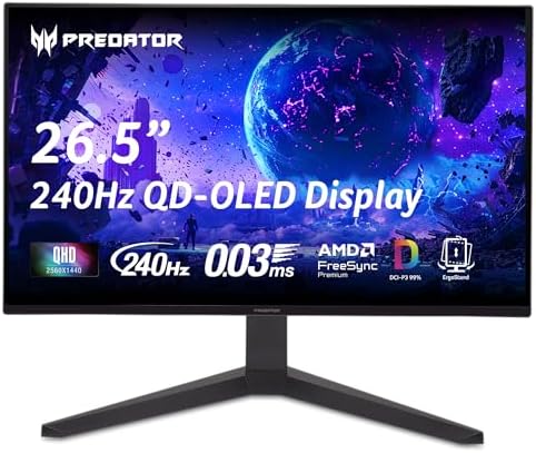 Acer Predator Gaming Monitor   26 5 WQHD 2560x1440 QD OLED   AMD FreeSync Premium   240Hz   0 03ms   Tilt  Height Adjustment  Pivot & Swivel   DCI P3 99    2 x DP 1 4 & 2 x HDMI 2 1   X27U W1bmiipprx