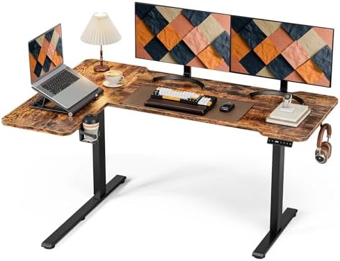 Acrolix L Shaped Electric Standing Desk   59x40 Inch Reversible Corner Sit Stand Desk with Hook&Cup Holder Electric Height Adjustable Table for Home Office Gaming Computer Desk  Rustic Brown