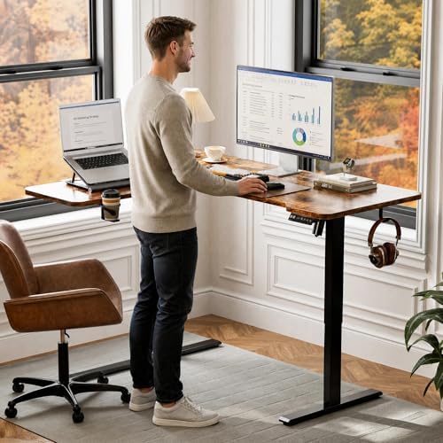 Acrolix L Shaped Electric Standing Desk   59x40 Inch Reversible Corner Sit Stand Desk with Hook&Cup Holder Electric Height Adjustable Table for Home Office Gaming Computer Desk  Rustic Brown