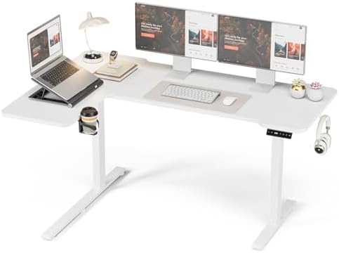 Acrolix L Shaped Electric Standing Desk   59x40 Inch Reversible Corner Sit Stand Desk with Hook&Cup Holder Electric Height Adjustable Table for Home Office Gaming Computer Desk  Rustic Brown