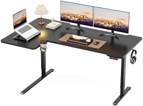 Acrolix L Shaped Electric Standing Desk   59x40 Inch Reversible Corner Sit Stand Desk with Hook&Cup Holder Electric Height Adjustable Table for Home Office Gaming Computer Desk  Rustic Brown