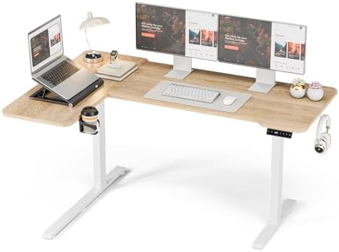 Acrolix L Shaped Electric Standing Desk   59x40 Inch Reversible Corner Sit Stand Desk with Hook&Cup Holder Electric Height Adjustable Table for Home Office Gaming Computer Desk  Rustic Brown