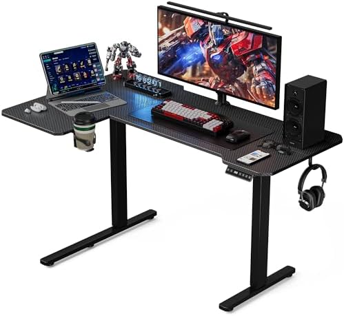 Acrolix L Shaped Electric Standing Desk   59x40 Inch Reversible Corner Sit Stand Desk with Hook&Cup Holder Electric Height Adjustable Table for Home Office Gaming Computer Desk  Rustic Brown