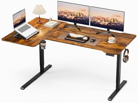 Acrolix L Shaped Electric Standing Desk   59x40 Inch Reversible Corner Sit Stand Desk with Hook&Cup Holder Electric Height Adjustable Table for Home Office Gaming Computer Desk  Rustic Brown