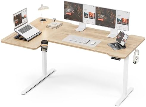 Acrolix L Shaped Electric Standing Desk   59x40 Inch Reversible Corner Sit Stand Desk with Hook&Cup Holder Electric Height Adjustable Table for Home Office Gaming Computer Desk  Rustic Brown
