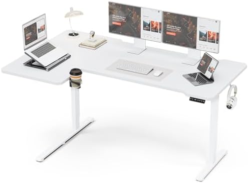 Acrolix L Shaped Electric Standing Desk   59x40 Inch Reversible Corner Sit Stand Desk with Hook&Cup Holder Electric Height Adjustable Table for Home Office Gaming Computer Desk  Rustic Brown