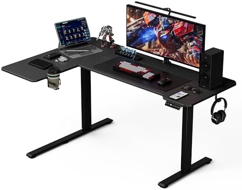 Acrolix L Shaped Electric Standing Desk   59x40 Inch Reversible Corner Sit Stand Desk with Hook&Cup Holder Electric Height Adjustable Table for Home Office Gaming Computer Desk  Rustic Brown