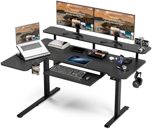 Acrolix L Shaped Electric Standing Desk   59x40 Inch Reversible Corner Sit Stand Desk with Hook&Cup Holder Electric Height Adjustable Table for Home Office Gaming Computer Desk  Rustic Brown