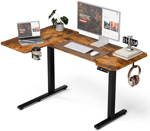 Acrolix L Shaped Electric Standing Desk   59x40 Inch Reversible Corner Sit Stand Desk with Hook&Cup Holder Electric Height Adjustable Table for Home Office Gaming Computer Desk  Rustic Brown