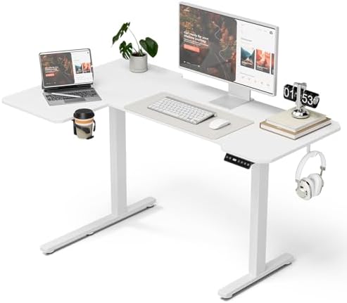 Acrolix L Shaped Electric Standing Desk   59x40 Inch Reversible Corner Sit Stand Desk with Hook&Cup Holder Electric Height Adjustable Table for Home Office Gaming Computer Desk  Rustic Brown