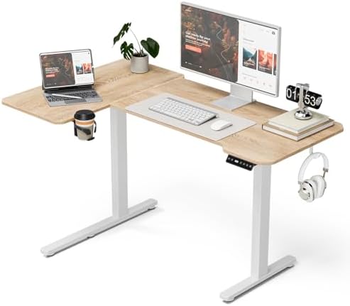 Acrolix L Shaped Electric Standing Desk   59x40 Inch Reversible Corner Sit Stand Desk with Hook&Cup Holder Electric Height Adjustable Table for Home Office Gaming Computer Desk  Rustic Brown