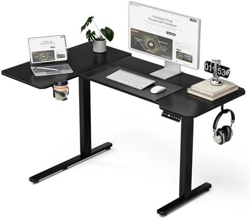 Acrolix L Shaped Electric Standing Desk   59x40 Inch Reversible Corner Sit Stand Desk with Hook&Cup Holder Electric Height Adjustable Table for Home Office Gaming Computer Desk  Rustic Brown