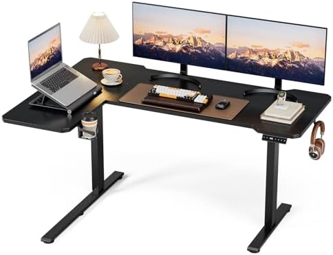 Acrolix L Shaped Electric Standing Desk   59x40 Inch Reversible Corner Sit Stand Desk with Hook&Cup Holder Electric Height Adjustable Table for Home Office Gaming Computer Desk  Rustic Brown