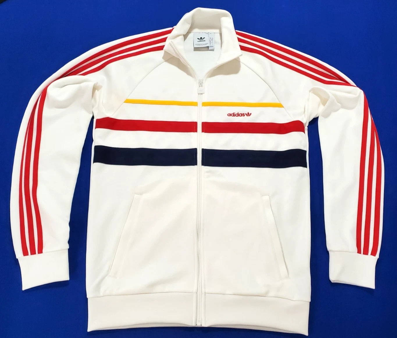 Talla S - Adidas Track Jacket Mens Small White Blue Red Yellow Stripe First Track Top