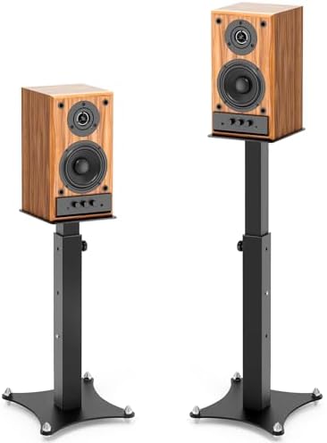 Adjustable Bookshelf Speaker Stands Pair  20 27 5 Inch All Metal Heavy Duty Holds 100lbs Universal for Surround Sound with Cable Management