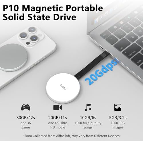 Aiffro P10 Magnetic PSSD 2TB for iPhone MagSafe Portable SSD  Upto 2000MB/s Type C  SM2320 USB 3 2 Gen 2x2 20Gbps  Connectivity  Updated Firmware   Portable Magnetic External Solid State Solution