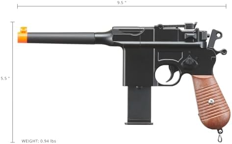 Airsoft Classic Mauser C96 World War II Spring Metal Airsoft Pistol with Two Magazines  Black