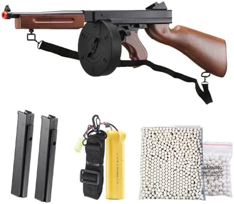 Airsoft Tommy Thompson Durable Submachine Gun WW2 Chicago Typewriter Full Auto SMG AEG with Extra Stick Magazines  Battery and Charger