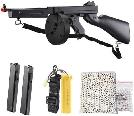 Airsoft Tommy Thompson Durable Submachine Gun WW2 Chicago Typewriter Full Auto SMG AEG with Extra Stick Magazines  Battery and Charger