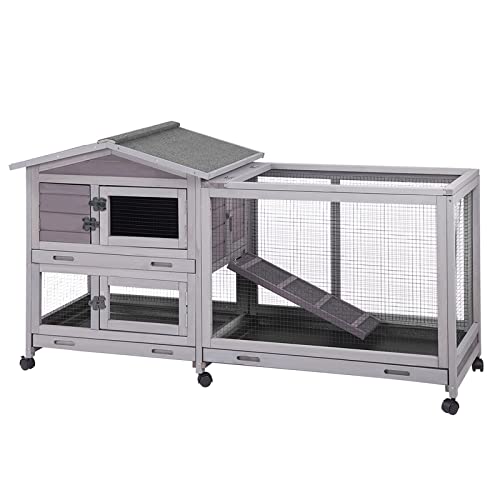 Aivituvin Rabbit Hutch Outdoor Indoor Rabbit Cage Chikcen Coop with Casters Guinea Pig Cage with 3 Deep No Leakage Pull Out Tray Waterproof Roof