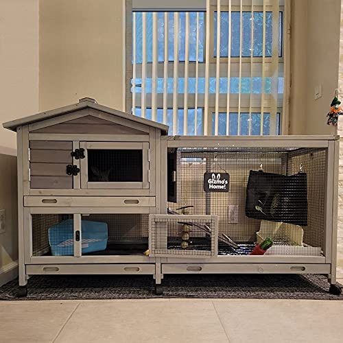 Aivituvin Rabbit Hutch Outdoor Indoor Rabbit Cage Chikcen Coop with Casters Guinea Pig Cage with 3 Deep No Leakage Pull Out Tray Waterproof Roof