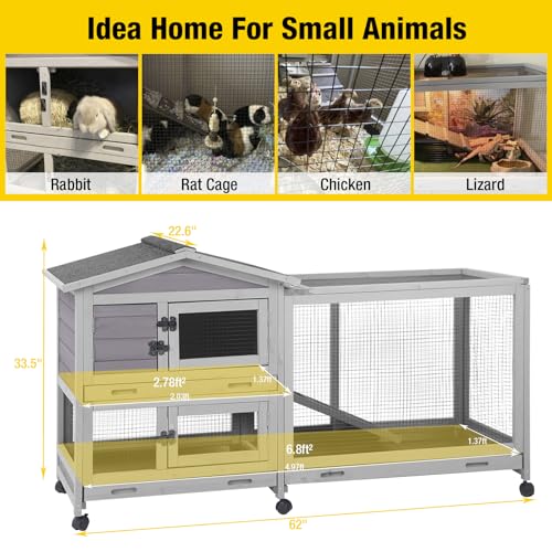 Aivituvin Rabbit Hutch Outdoor Indoor Rabbit Cage Chikcen Coop with Casters Guinea Pig Cage with 3 Deep No Leakage Pull Out Tray Waterproof Roof