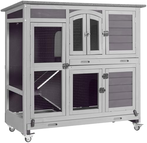 Aivituvin Two Story Rabbit Hutch Bunny Cage with Wheels  Indoor Outdoor Guinea Pig Cage with 2 Deep No Leak Tray