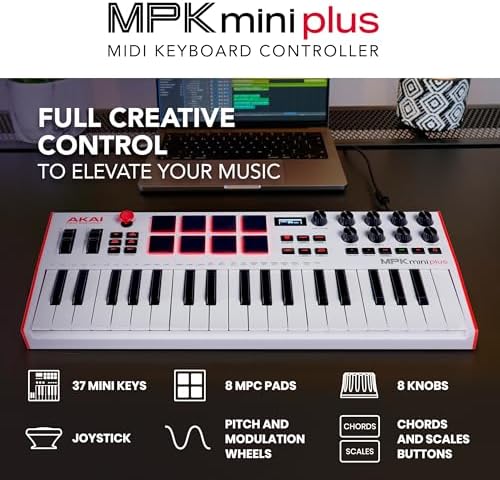 Akai Professional MPK Mini Plus   USB MIDI Keyboard Controller with 37 Mini Keys  8 MPC Pads  Sequencer  MIDI/CV/Gate I/O and Native Instruments Sound Package  White Limited Edition