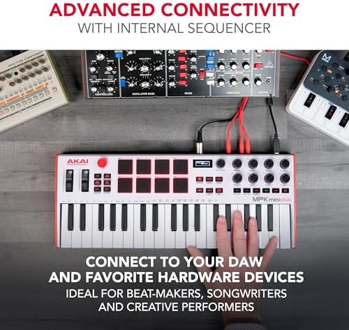 Akai Professional MPK Mini Plus   USB MIDI Keyboard Controller with 37 Mini Keys  8 MPC Pads  Sequencer  MIDI/CV/Gate I/O and Native Instruments Sound Package  White Limited Edition