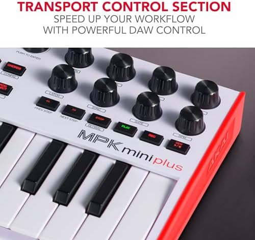 Akai Professional MPK Mini Plus   USB MIDI Keyboard Controller with 37 Mini Keys  8 MPC Pads  Sequencer  MIDI/CV/Gate I/O and Native Instruments Sound Package  White Limited Edition
