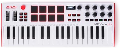 Akai Professional MPK Mini Plus   USB MIDI Keyboard Controller with 37 Mini Keys  8 MPC Pads  Sequencer  MIDI/CV/Gate I/O and Native Instruments Sound Package  White Limited Edition
