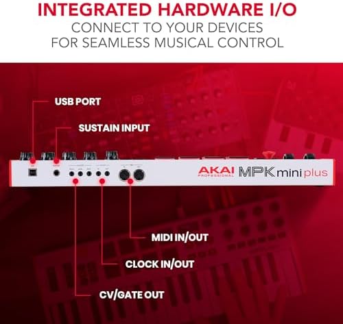Akai Professional MPK Mini Plus   USB MIDI Keyboard Controller with 37 Mini Keys  8 MPC Pads  Sequencer  MIDI/CV/Gate I/O and Native Instruments Sound Package  White Limited Edition
