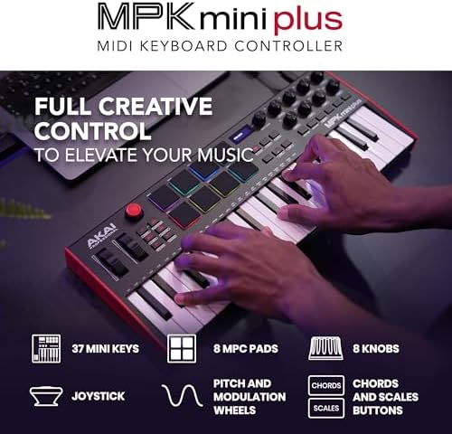 Akai Professional MPK Mini Plus   USB MIDI Keyboard Controller with 37 Mini Keys  8 MPC Pads  Sequencer  MIDI/CV/Gate I/O and Native Instruments Sound Package  White Limited Edition