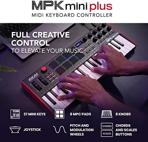 Akai Professional MPK Mini Plus   USB MIDI Keyboard Controller with 37 Mini Keys  8 MPC Pads  Sequencer  MIDI/CV/Gate I/O and Native Instruments Sound Package  White Limited Edition