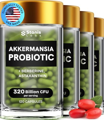 Akkermansia Muciniphila Probiotics 320 Billion CFU  Probiotic and Prebiotic   Akkermansia Probiotics for gut health   Inulin Prebiotic Fiber Capsules Astaxanthin & Berberine & Chromium 480 caps 4 pack