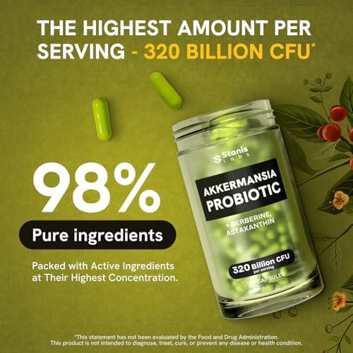 Akkermansia Muciniphila Probiotics 320 Billion CFU  Probiotic and Prebiotic   Akkermansia Probiotics for gut health   Inulin Prebiotic Fiber Capsules Astaxanthin & Berberine & Chromium 480 caps 4 pack