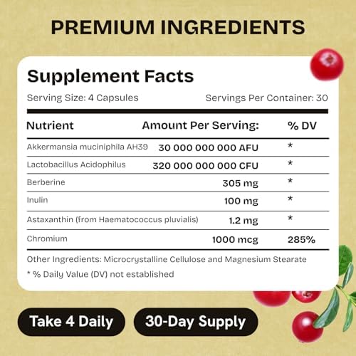 Akkermansia Muciniphila Probiotics 320 Billion CFU  Probiotic and Prebiotic   Akkermansia Probiotics for gut health   Inulin Prebiotic Fiber Capsules Astaxanthin & Berberine & Chromium 480 caps 4 pack