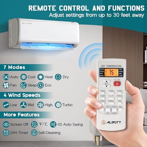 Albott 18000 BTU Mini Split Air Conditioner Heat Pump  Ductless Inverter AC  Cools up to 1250 Sq  Ft  Energy Efficient with Self Cleaning  SEER2 19  220V  Ideal for Home  Office