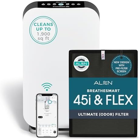 Alen Air Purifier BreatheSmart 45i HEPA with Odor Filter for Large Rooms up to 1900 Sq  Ft    Perfect for Bedrooms & Home Offices   Captures Dust   White