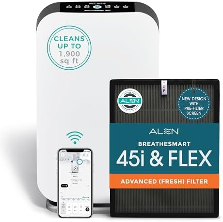 Alen Air Purifier BreatheSmart 45i HEPA with Odor Filter for Large Rooms up to 1900 Sq  Ft    Perfect for Bedrooms & Home Offices   Captures Dust   White