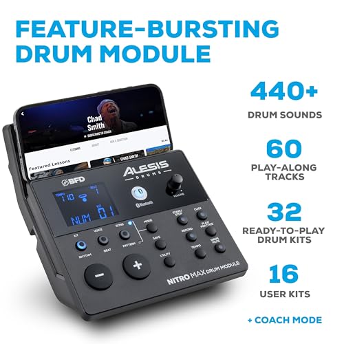 Alesis Nitro Max Kit Electric Drum Set with Quiet Mesh Pads 10 Dual Zone Snare Bluetooth 440 Authentic Sounds Drumeo USB MIDI Kick Pedal