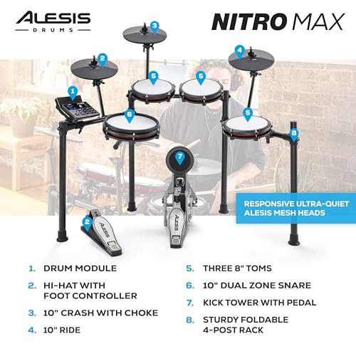 Alesis Nitro Max Kit Electric Drum Set with Quiet Mesh Pads 10 Dual Zone Snare Bluetooth 440 Authentic Sounds Drumeo USB MIDI Kick Pedal
