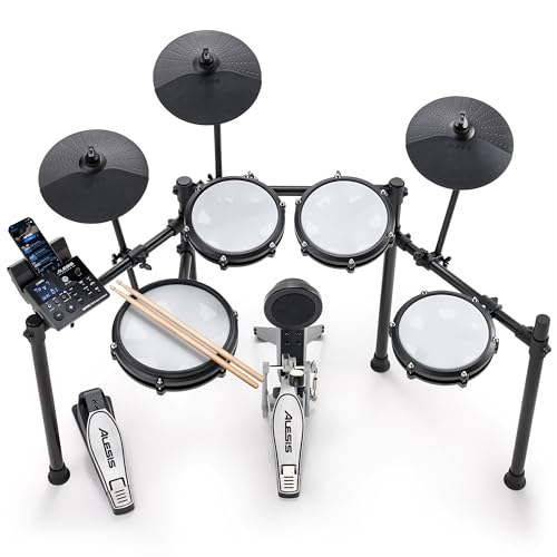 Alesis Nitro Max Kit - Juego de batería eléctrica con almohadillas de malla silenciosas, caja de doble zona de 10 pulgadas, Bluetooth, más de 440 sonidos auténticos, Drumeo, USB MIDI, pedal de patada